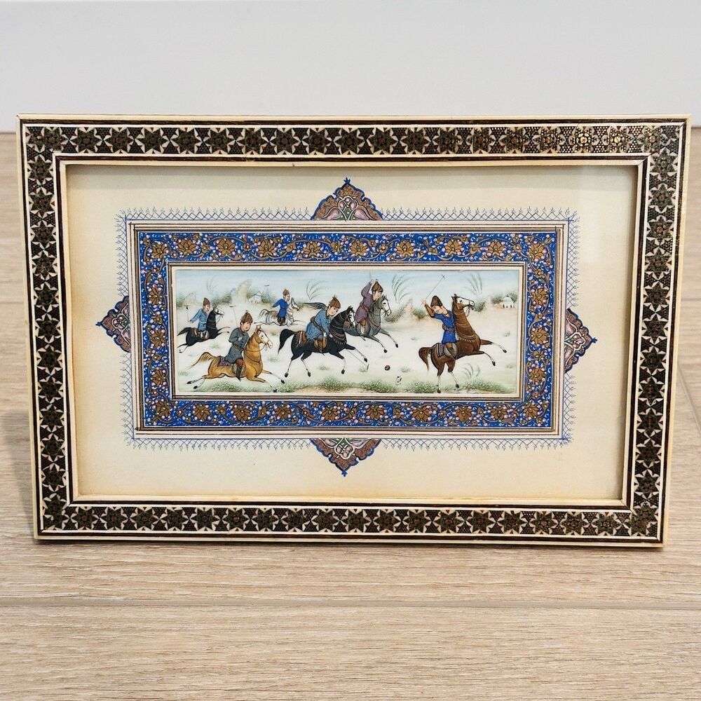 Persian Miniature Hand-Painting Art Bone Khatam Mosaic Marquetry Frame Polo